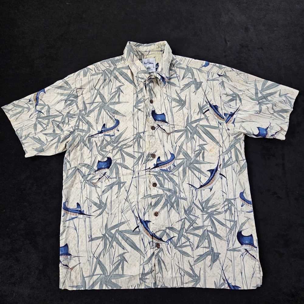 Guy Harvey by Aftco Bluewater Beige Fish‎ Print Short Sleeve Button-Up Men's 2XL